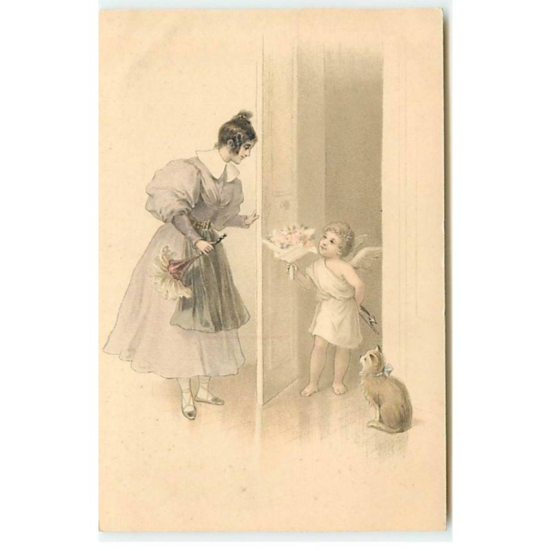 n°19914 - Jeune femme avec un plumeau ouvrant à un cupidon lui offrant des fleurs
