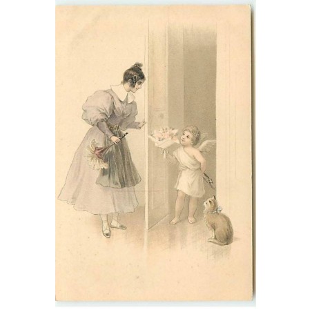 n°19914 - Jeune femme avec un plumeau ouvrant à un cupidon lui offrant des fleurs