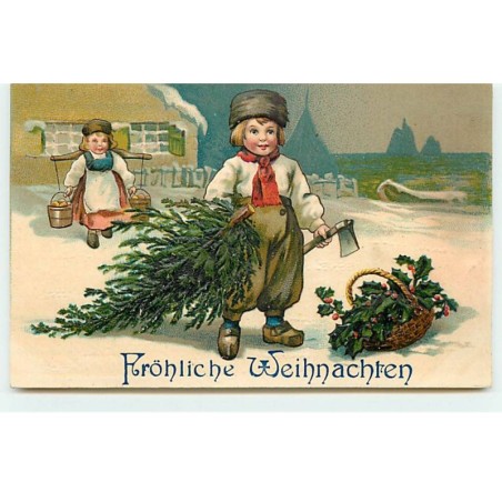 n°19920 - Carte Gaufrée - Fröhliche Weihnachten - Garçon ayant coupé un sapin avec une hache