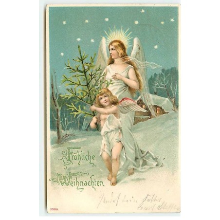 n°19922 - Fröhliche Weihnachten - Ange portant un sapin, suivi par un ange gardien