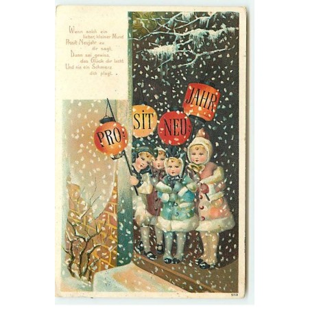 n°19931 - Carte Gaufrée - Prosit Neujahr - Fillettes avec des lampions sous la neige