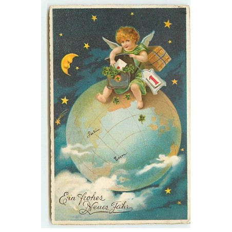 n°19932 - Ein frohes Neues Jahr - Angelot assis sur un globe terrestre