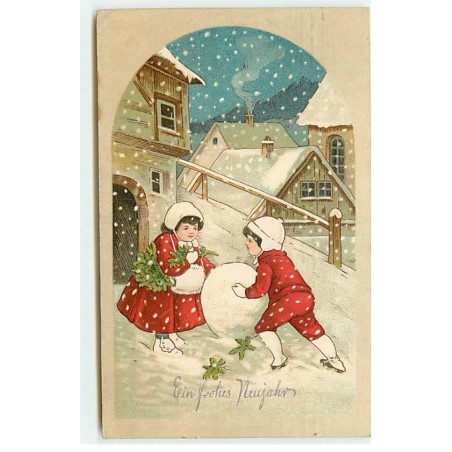 n°19933 - Ein frohes Neujahr - Garçon faisant une grosse boule de neige pour une jeune fille