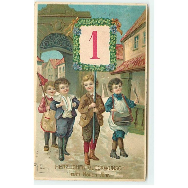 n°19935 - Carte Gaufrée - Herzlichen Glückwunsch zum Neuen Jahr - Enfants frappant sur des casserolles