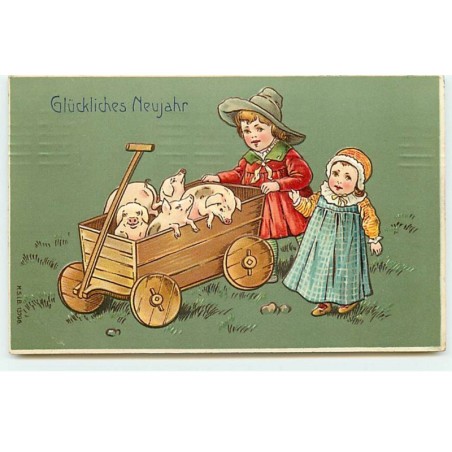n°19937 - Carte Gaufrée - Glückliches Neujahr - Enfants poussant des cochons dans un chariot