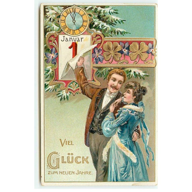 n°19938 - Carte Gaufrée - Viel Glück zum Neuen Jahre - Couple près d'un éphéméride et d'une pendule