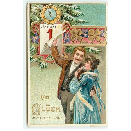 n°19938 - Carte Gaufrée - Viel Glück zum Neuen Jahre - Couple près d'un éphéméride et d'une pendule