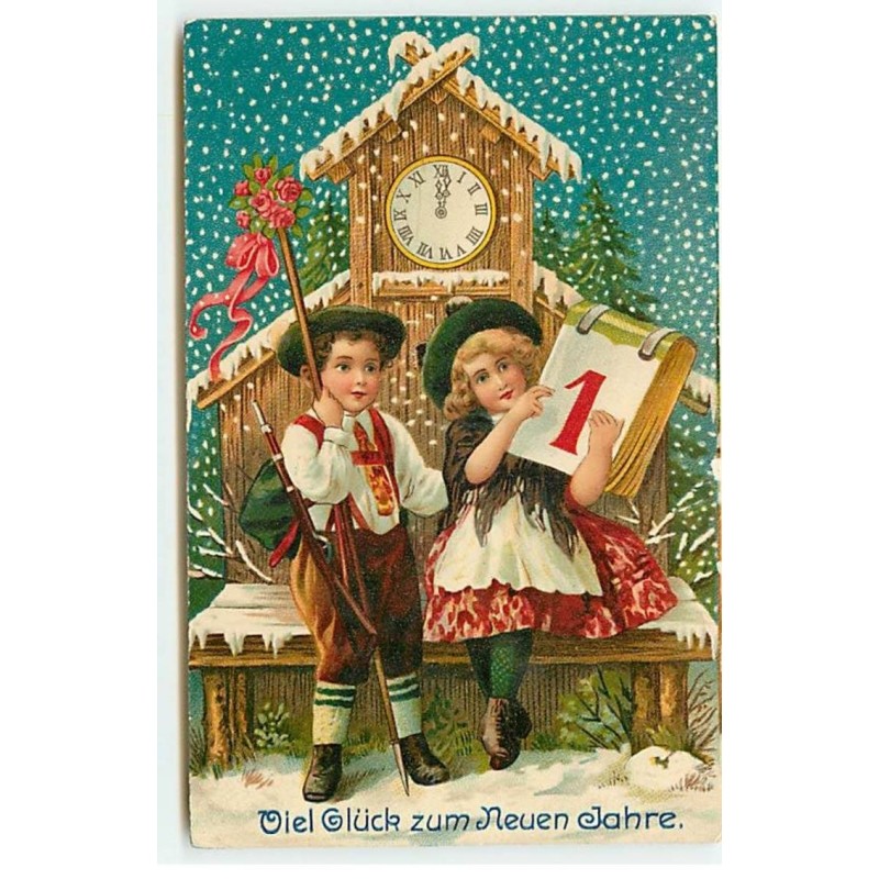 n°19939 - Viel Glück zum Neuen Jahre - Couple d'enfants tenant un éphéméride , près d'une pendule