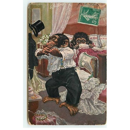 n°19957 - A. Thiele - Singes, l'un se déshabillant, une autre au lit - vendue en l'état