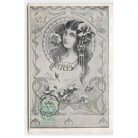 n°19959 - Art Nouveau - MJS - Portrait d'une femme portant des fleurs dans les cheveux, dans un médaillon