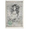 n°19959 - Art Nouveau - MJS - Portrait d'une femme portant des fleurs dans les cheveux, dans un médaillon