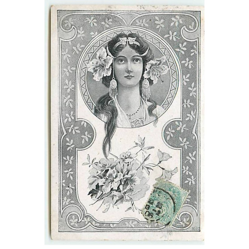 n°19960 - Art Nouveau - MJS - Portrait d'une femme portant des fleurs dans les cheveux, dans un médaillon