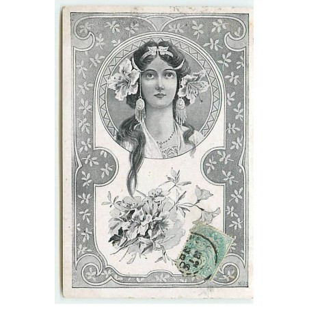 n°19960 - Art Nouveau - MJS - Portrait d'une femme portant des fleurs dans les cheveux, dans un médaillon