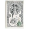 n°19960 - Art Nouveau - MJS - Portrait d'une femme portant des fleurs dans les cheveux, dans un médaillon