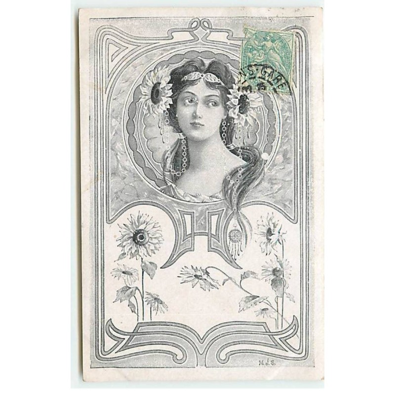 n°19961 - Art Nouveau - MJS - Portrait d'une femme portant des fleurs dans les cheveux, dans un médaillon