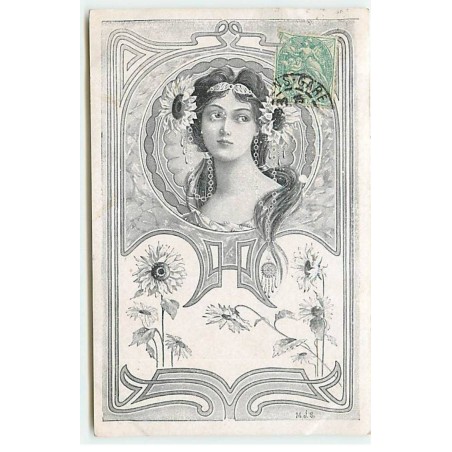 n°19961 - Art Nouveau - MJS - Portrait d'une femme portant des fleurs dans les cheveux, dans un médaillon