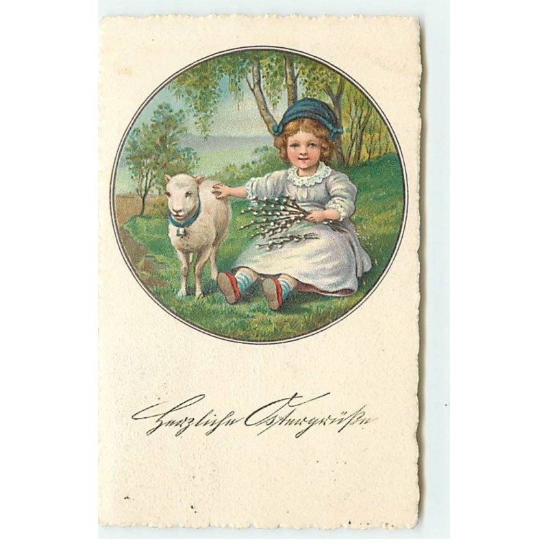 n°19972 - Herzliche Ostergrüsse - Fillette assise près d'un mouton