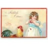n°19973 - Carte Gaufrée - Fröhliche Ostern - Fillette écalant un oeuf près d'un coq