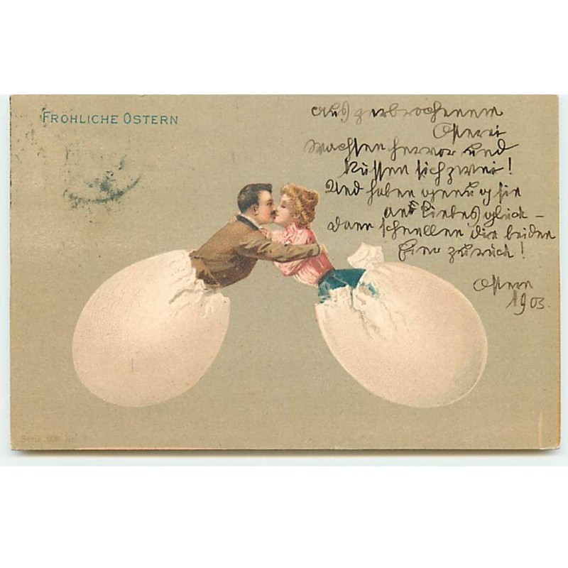 n°19976 - Fröhliche Ostern - Couple s'embrassant, chacun sortant d'un oeuf