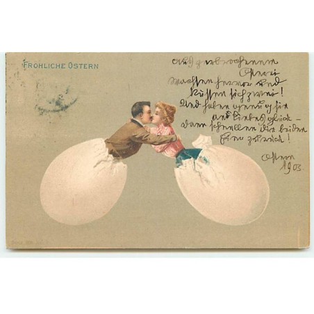 n°19976 - Fröhliche Ostern - Couple s'embrassant, chacun sortant d'un oeuf