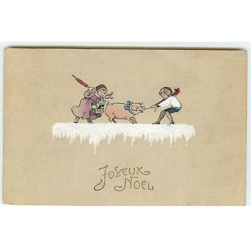 n°19986 - Joyeux Noël - Enfants, le garçon tirant sur la laisse d'un cochon