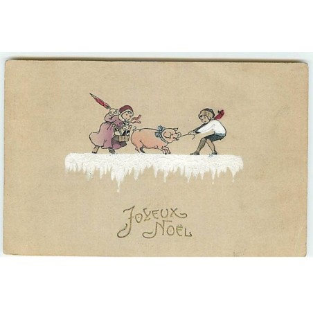 n°19986 - Joyeux Noël - Enfants, le garçon tirant sur la laisse d'un cochon