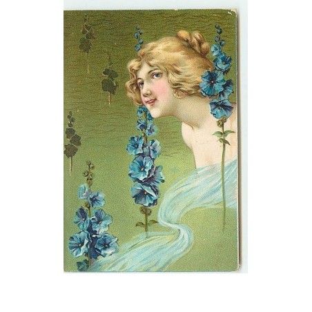 n°2000 - Portrait de femme et fleurs bleues