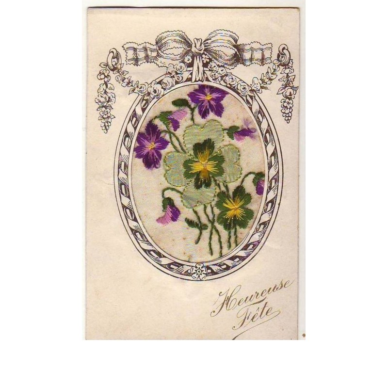 n°2004 - Carte Brodée - Heureuse Fête - Violettes et trèfle dans un cadre