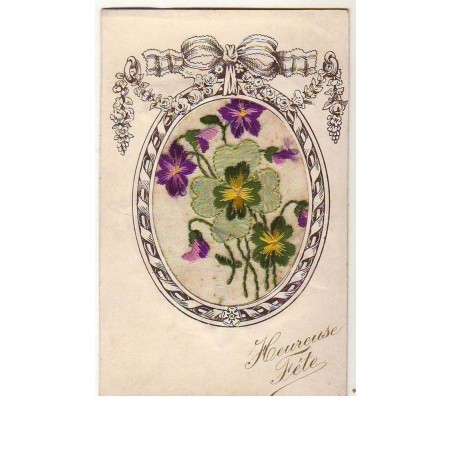 n°2004 - Carte Brodée - Heureuse Fête - Violettes et trèfle dans un cadre