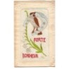 n°20101 - Carte Brodée - Porte Bonheur - Brin de muguet, oiseau et fer à cheval