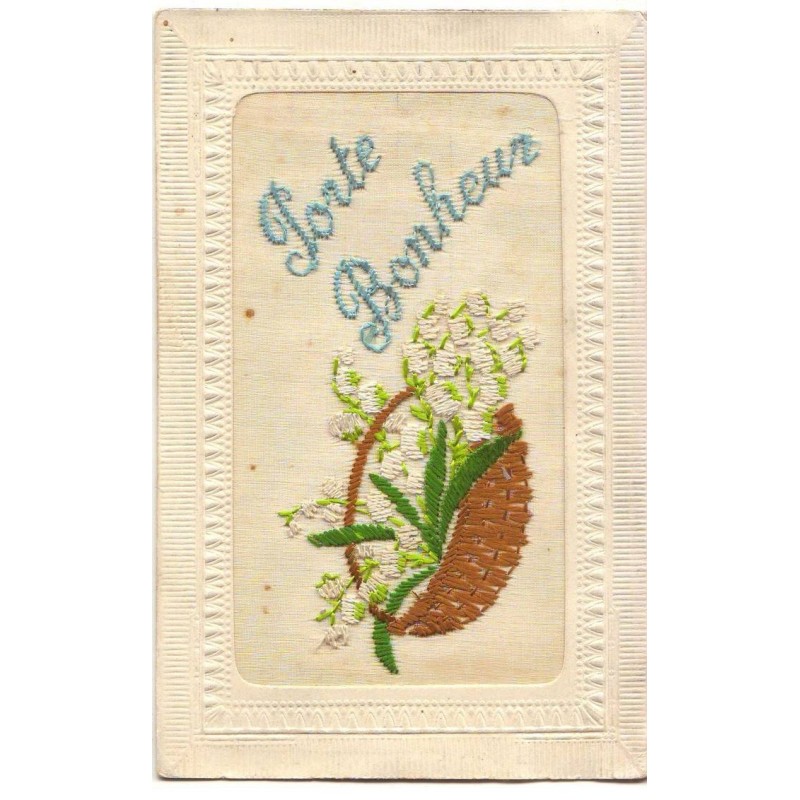 n°20102 - Carte Brodée - Porte Bonheur - Brins de muguet dans un panier