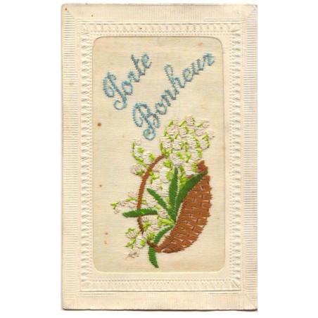 n°20102 - Carte Brodée - Porte Bonheur - Brins de muguet dans un panier