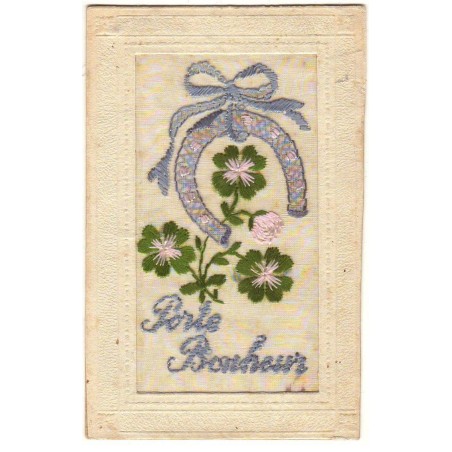 n°20103 - Carte Brodée - Porte Bonheur - Trèfles et fer à cheval