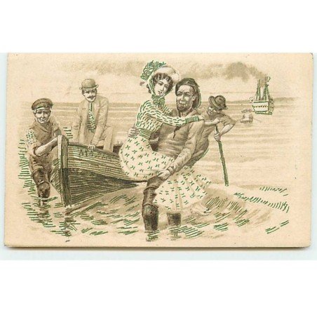 n°20115 - Marin portant une femme d'une barque vers la plage - Carte publicitaire Champagne Mercier