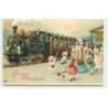 n°20120 - Carte Gaufrée - Herzlichen Pfingstgruss - Femme et enfants sur le quai d'une gare à l'arrivée d'un train