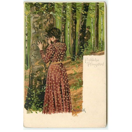 n°20121 - Mailick - Fröhliche Pfingsten ! - Femme gravant un coeur sur un tronc d'arbre