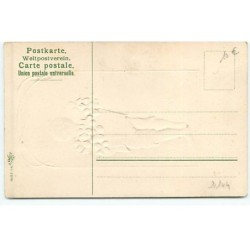 n°20144 - Carte Gaufrée - Garçon de dos portant des trèfles dans une hotte