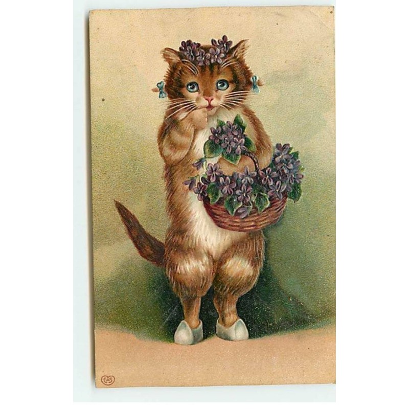 n°20149 - Carte Gaufrée - Chat tenant un panier rempli de violettes