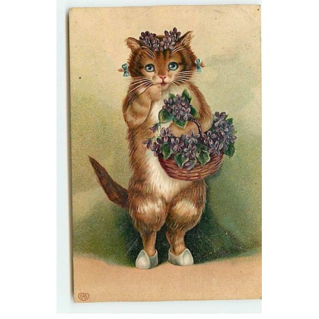 n°20149 - Carte Gaufrée - Chat tenant un panier rempli de violettes