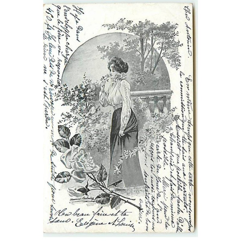 n°20156 - Edmund Bruning - Jeune femme dans un jardin sentant des fleurs