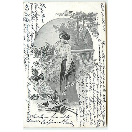 n°20156 - Edmund Bruning - Jeune femme dans un jardin sentant des fleurs