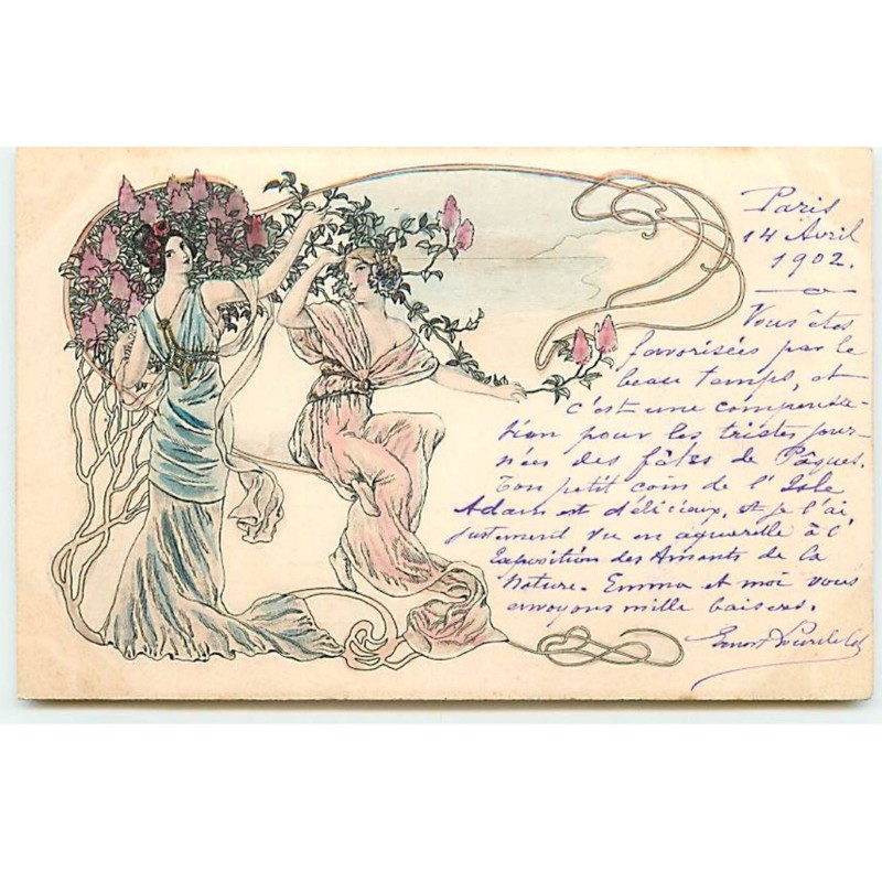 n°20159 - Art Nouveau - Jeunes femmes jouant avec des branches fleuries