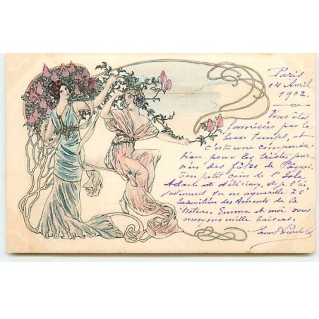 n°20159 - Art Nouveau - Jeunes femmes jouant avec des branches fleuries
