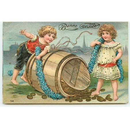 n°20160 - Carte Gaufrée - Bonne Année - Enfants décorant d'une guirlande de myosotis un tonneau rempli de pièces d'or