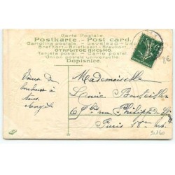 n°20160 - Carte Gaufrée - Bonne Année - Enfants décorant d'une guirlande de myosotis un tonneau rempli de pièces d'or