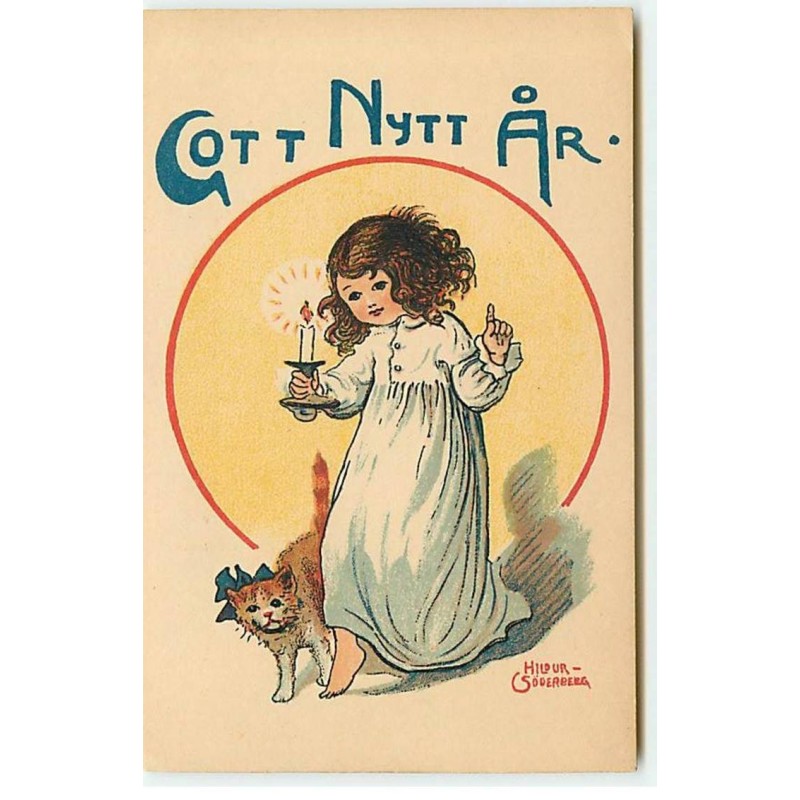 n°20168 - Hildur Söderberg - Gott Nytt Ar - Fillette tenant une bougie ave un chat à côté d'elle