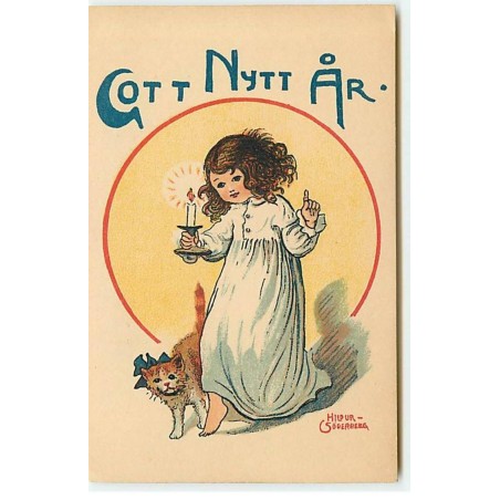 n°20168 - Hildur Söderberg - Gott Nytt Ar - Fillette tenant une bougie ave un chat à côté d'elle