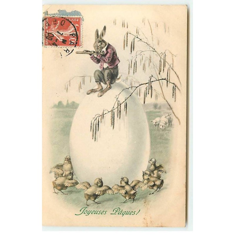 n°20169 - Joyeuses Pâques - MM Vienne n°429 - Lièvre jouant de la flûte assis en haut d'un oeuf entouré de poussins
