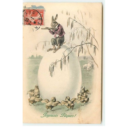 n°20169 - Joyeuses Pâques - MM Vienne n°429 - Lièvre jouant de la flûte assis en haut d'un oeuf entouré de poussins