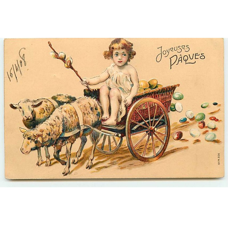 n°20170 - Carte Gaufrée - Joyeuses Pâques - Fillette dans une charrette rempli d'oeufs, tiré par des moutons